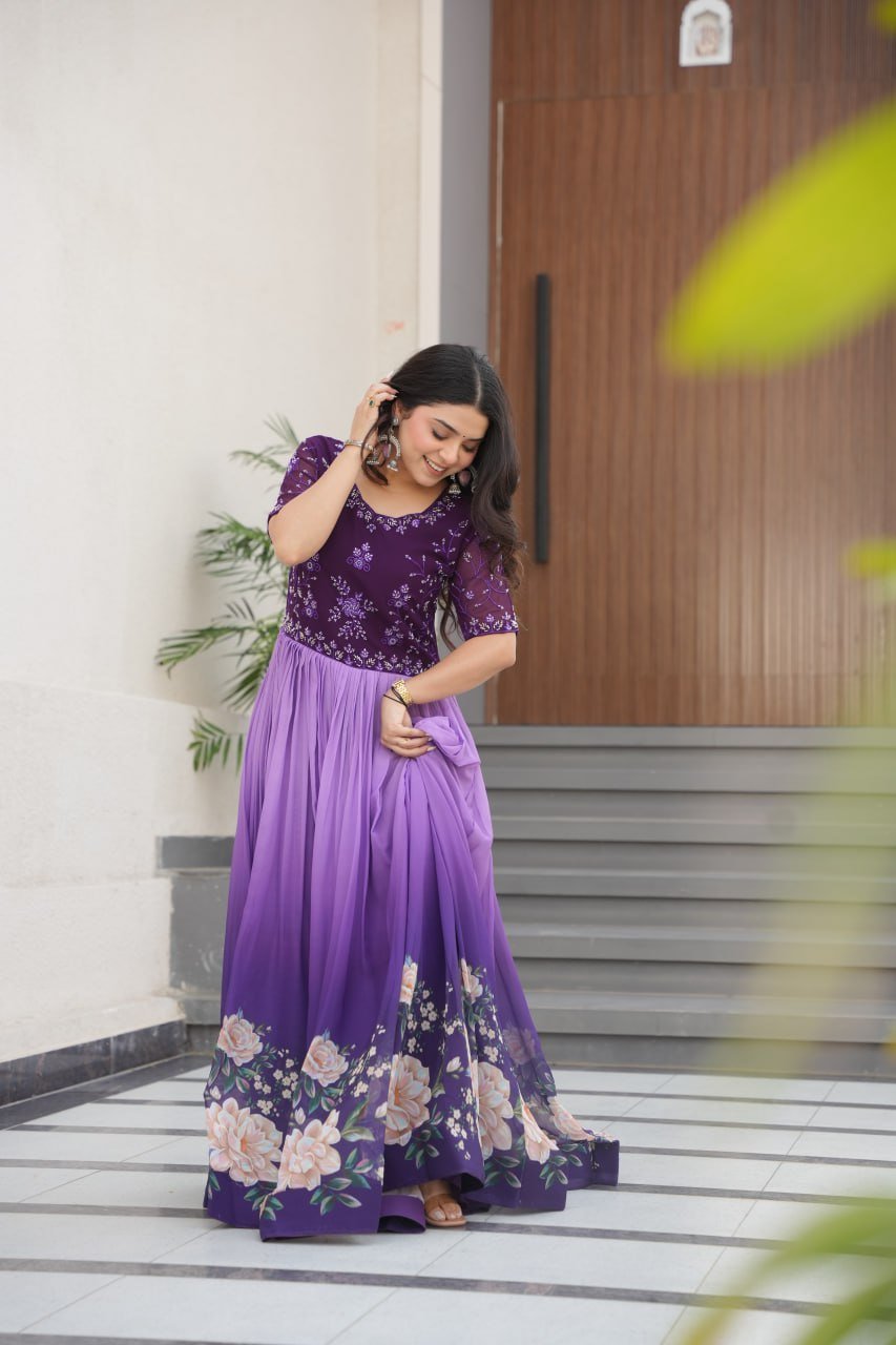 Women's Elegant Teal & Aqua Ombre Gown with Floral Printed Flair & Embellished Bodice – Perfect for Summer Festivities & Parties - Image 12