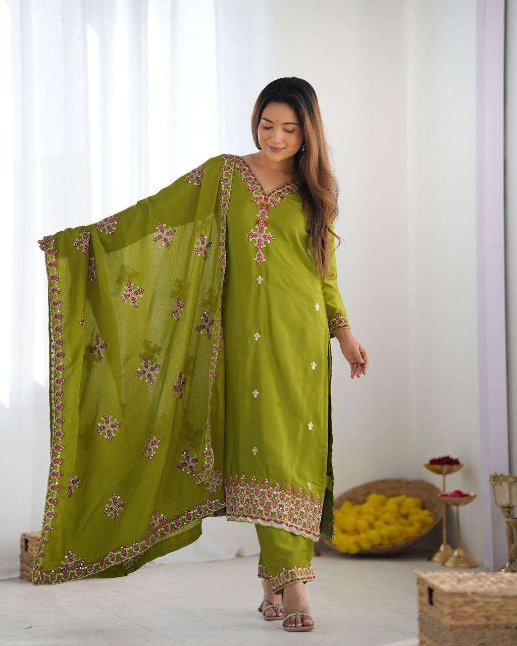 Women's Chinnon Silk Embroidery Sequence Work and Lace Work Straight Kurti With Pant and Dupatta - Image 5